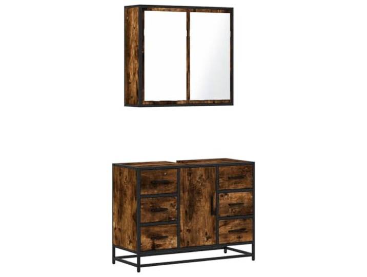 2-teiliges Badezimmermöbel-Set aus Raucheiche, Wandschrank Holzwerkstoff, Metallrahmen, hängende Aufbewahrung, Oberseite für Spüle, Wandbefestigung, begrenzter Platz