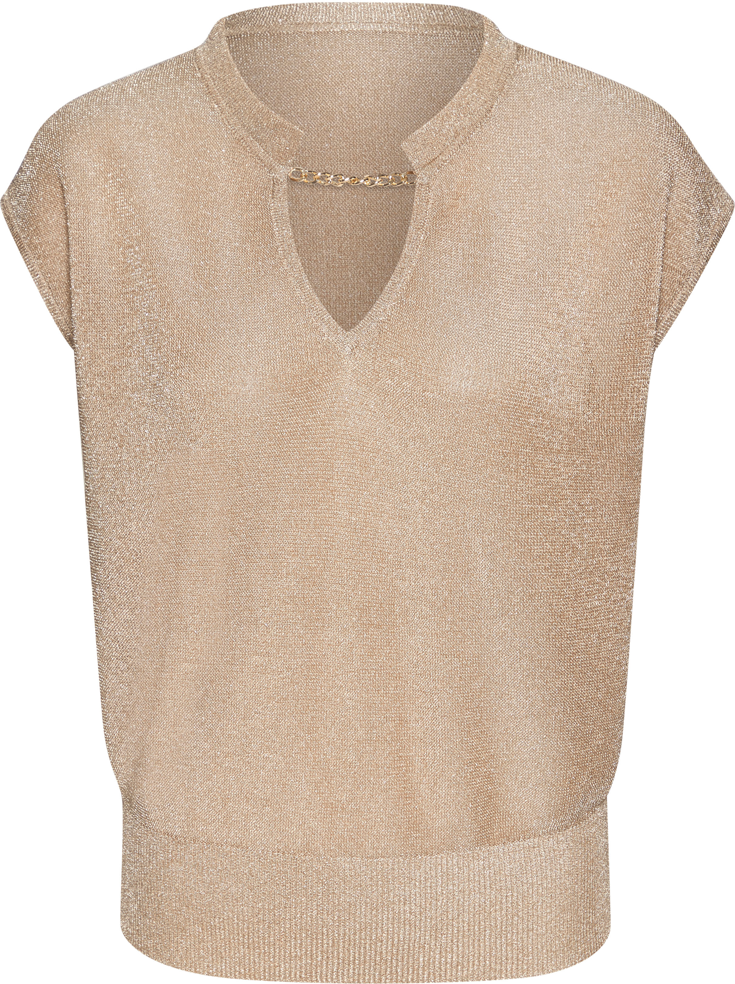 Kurzarmpullover LASCANA "aus Glitzergarn mit Gliederketten-Detail", Damen, Gr. 44/46, beige (sand, goldfarben), Glitzergarne, Obermaterial: 70% Polyester, 30% Polyamid, Glanzfaden, figurumspielend taillenlang, Rundhals, Pullover Kurzarmpullover, Elegantes