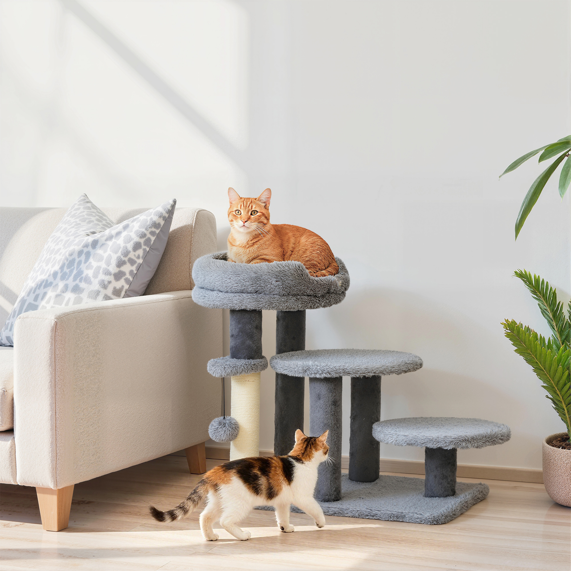 Pawhut Tiragraffi e scala per gatti, base ampia, tessuto in peluche, palo graffi in sisal, grigio   Aosom Italy