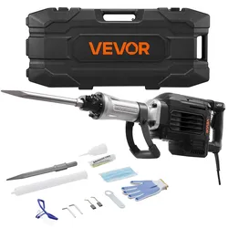 VEVOR Abbruchhammer 3000 W elektrischer Betonhammer, 1700 BPM Presslufthammer mit Spitzmeißel & Tragekoffer & Handschuhe & Schutzbrille, für Beton Wände Ziegel Fliesen Fundamente Schwarz