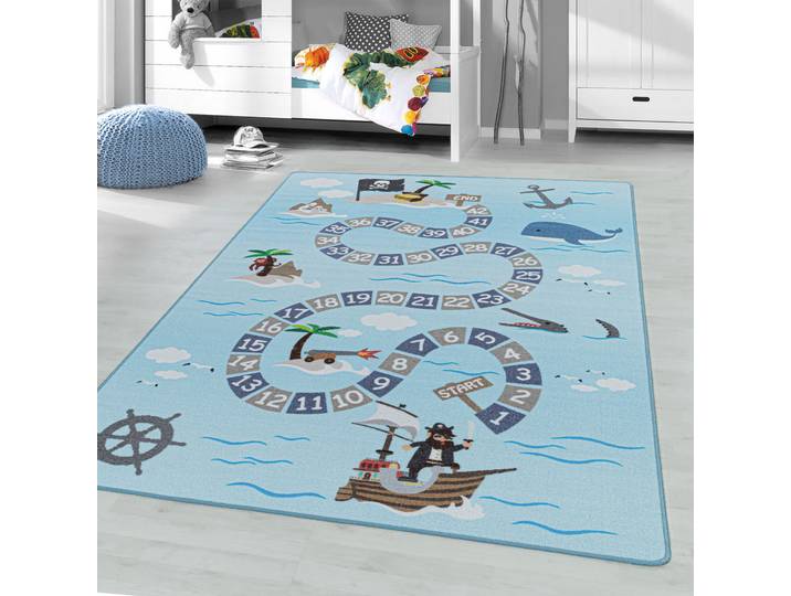 Kinderteppich AYYILDIZ TEPPICHE PLAY 2908 , blau, B:140cm H:6mm L:200cm, Polyamid, Teppiche, Kinderteppich, robuster Kurzflor,Pirat, Zahlen Spiele Teppich,Kinderzimmer