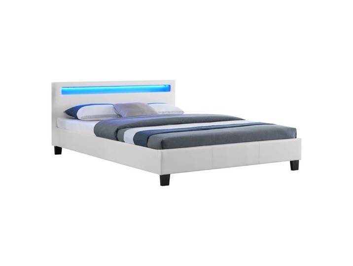 Lit LED double 140x190 cm avec sommier tête de lit confortable lit 1 place revêtement en tissu blanc RIOJA