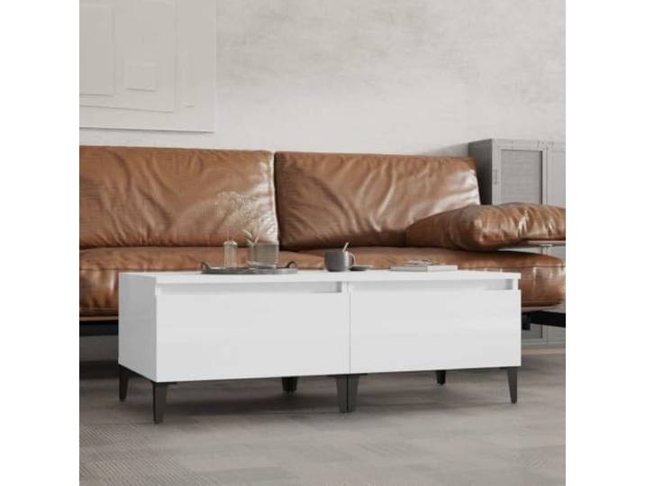 Beistelltische 2 Stk Hochglanz-Weiß 50x46x35 cm Holzwerkstoff mit Schublade Mit Schublade, Metallfüße, glatte Oberfläche, feuchtigkeitsbeständig, Montageanleitung inklusive