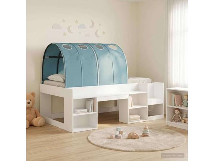 RJPLMFV Bettgestell Tunnel mit Regal, 3-teilig, Weiß und Hellblau Holzwerkstoff, Lamellen im Lieferumfang enthalten, praktische Leiter, einfache Montage, platzsparendes Design