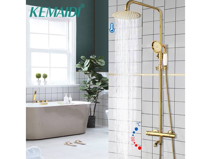 KEMAIDI salle de bains thermostatique baignoire robinet de douche plaqué or pluie 3 voies pomme de douche mélangeur robinets de douche ensemble