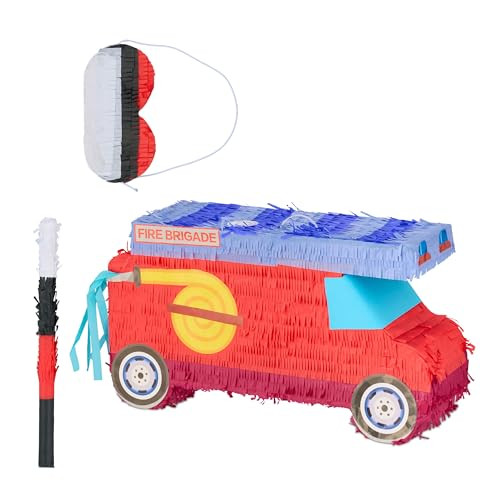 Relaxdays 3-delige piñata set brandweerauto met stok en blinddoek, rood