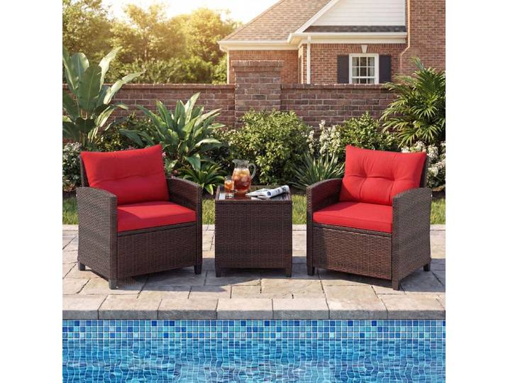 Ensemble Table et Chaises de Jardin 3 Pièces COSTWAY Chaises en Rotin PE Plateau en Verre Trempé Coussins Amovibles Rouge