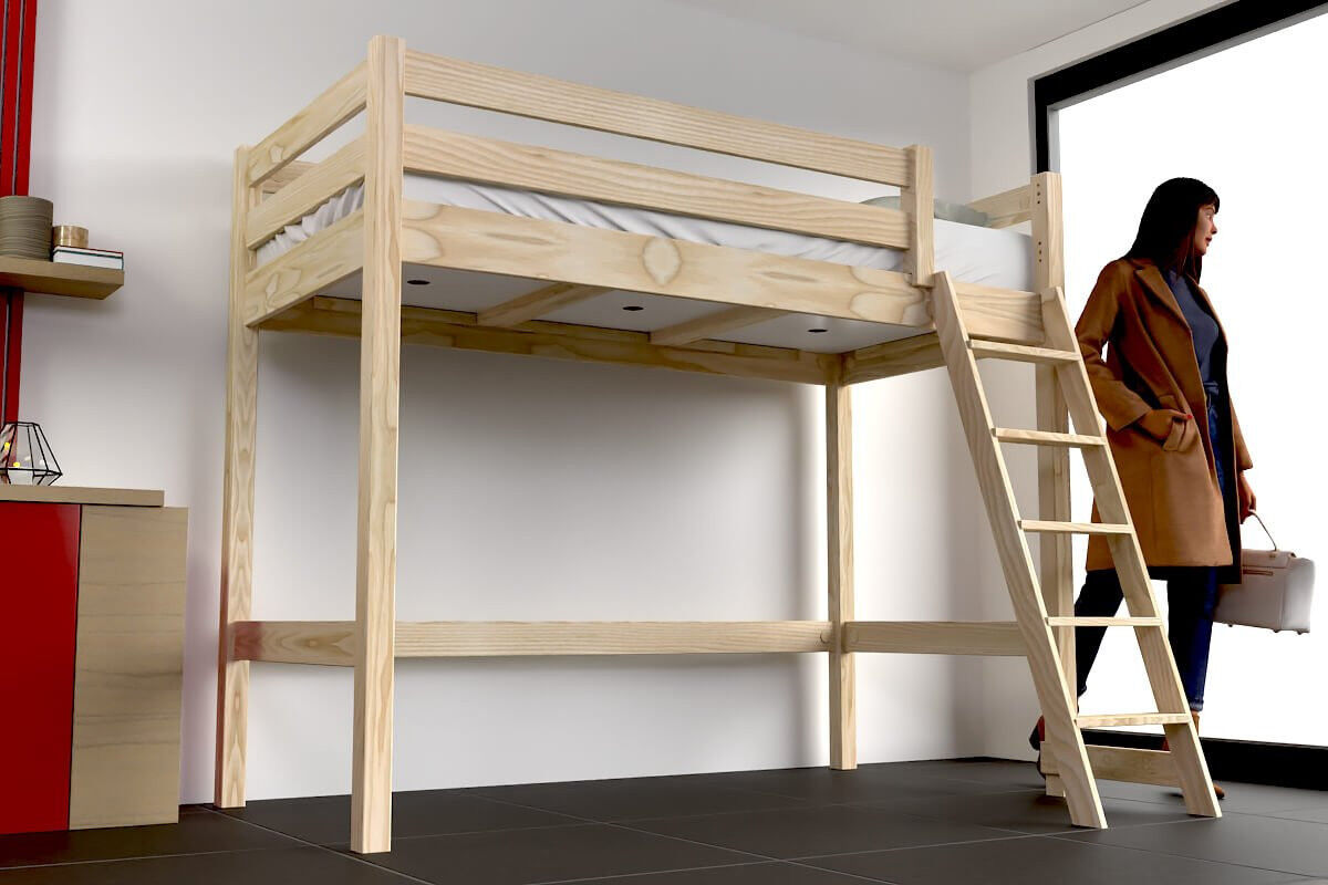 ABC MEUBLES Kinderhochbett 90x200 ABC Holz mit Schrägleiter - Roh (ohne Lack)