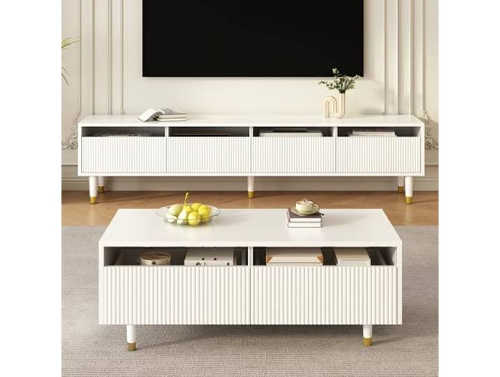 FammyLoft Wohnzimmer LED-Möbel Set, Viertüriger TV-Ständer und Couchtisch mit Zwei Schubladen – Weiß mit Gold-Design, Wellenstruktur und Acrylfronten für Einen Stilvollen Wohnstil, Weiß