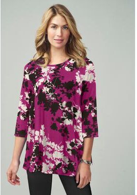 Plus Size Women's Stretch Knit Swing Tunic by Jessica London in Raspberry Graphic Floral (Size 12) Long Loose 3/4 Sleeve Shirt