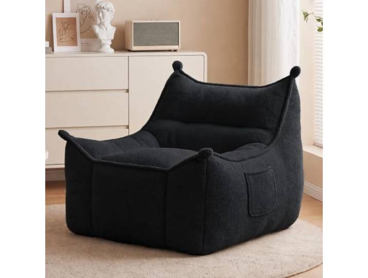 Vipbear Sitzsack für Erwachsene, aus Lammwolle mit Rückenlehne und Memory-Schaum, Lesesessel für Wohnzimmer, Schlafzimmer oder Spielzimmer, Schwarz