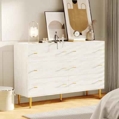 YUN "Farmhouse 6 Drawer Dresser, 47.2"" Wide Rustic Wood Chest with Bar Handles, Vintage Storage Organizer for Bedroom"