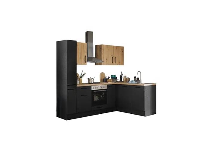 TURIN Eckküche L-Form Schwarz Artisan Eiche Optik 240 x 211 x 60 cm (B/H/T) Küche ohne Küchengeräte, Winkelküche, mit viel Stauraum, beidseitig montierbar, Einbauküche ohne E-Geräte