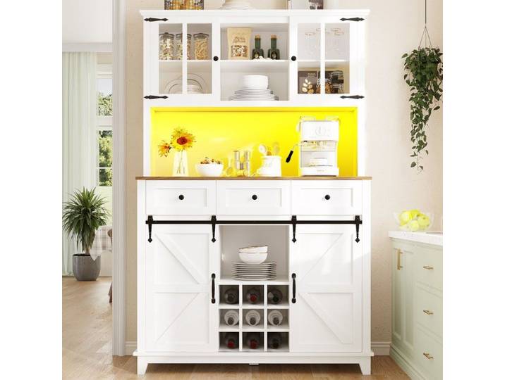Buffet Haut Cuisine Meuble de Rangement avec LED Buffet avec étagères réglables pour Salle à Manger Salon blanc 105×38.4×180cm