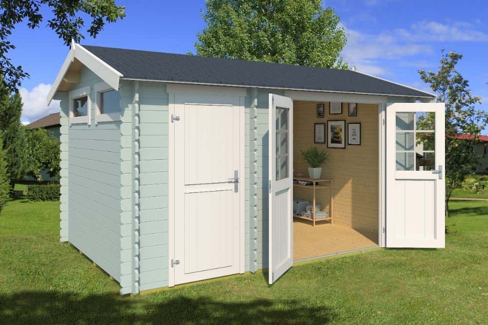 Lasita Maja Gartenhaus William aus Holz Gartenhaus mit 28 mm Wandstärke Gartenhütte Fußboden inklusive Geräteschuppen 9.5 m² Satteldach