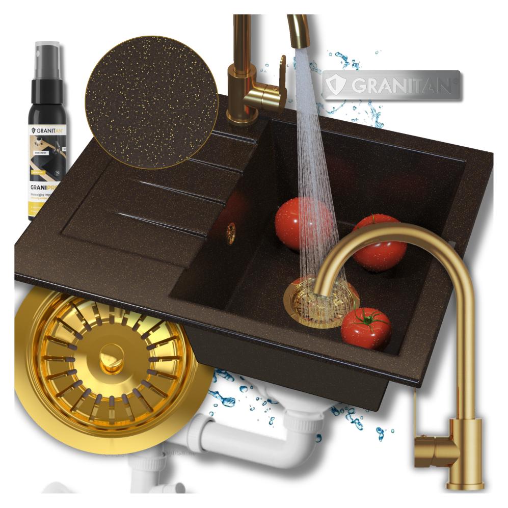 Granitan - Granitspüle - Spülbecken 57,4x47 cm - Küchenspüle Braun-Gold - mit Siphon - MILANO