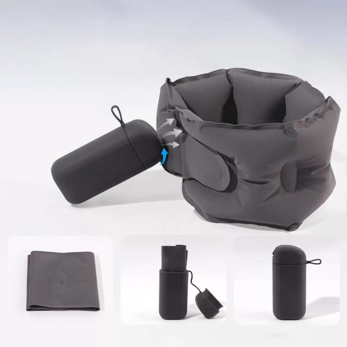 INF Aufblasbares U-förmiges Silikon-Nackenkissen mit Druckventil — Ultraleicht, Kompakt, 360° Ergonomische Unterstützung Dunkelgrau