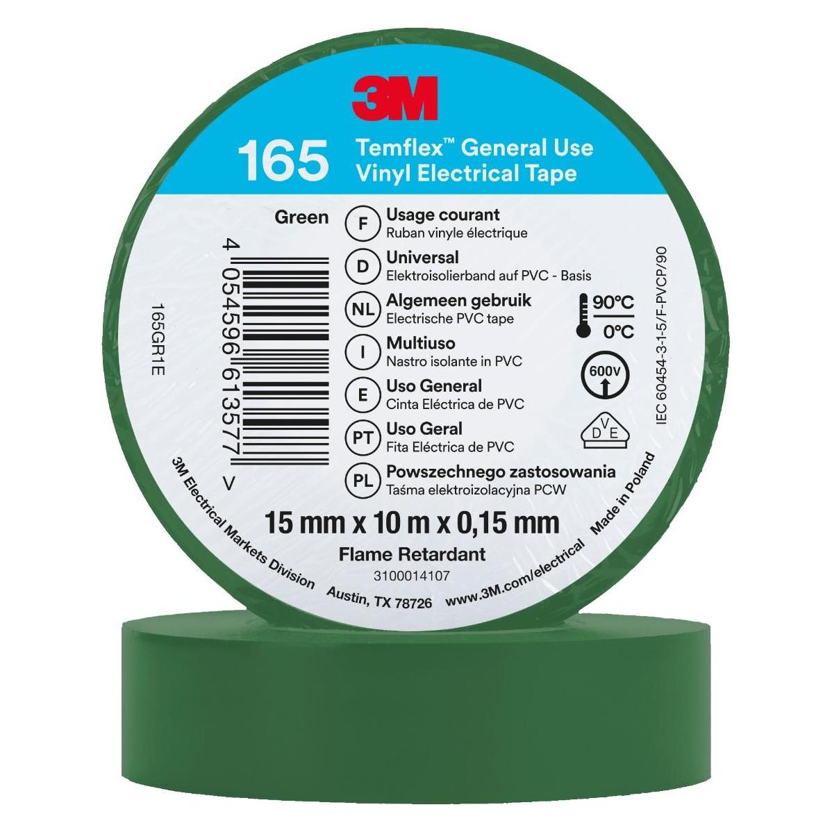 3M Temflex Vinyl-Isolierband 165, 15 mm x 10 m (15 mm) (165GR1E)