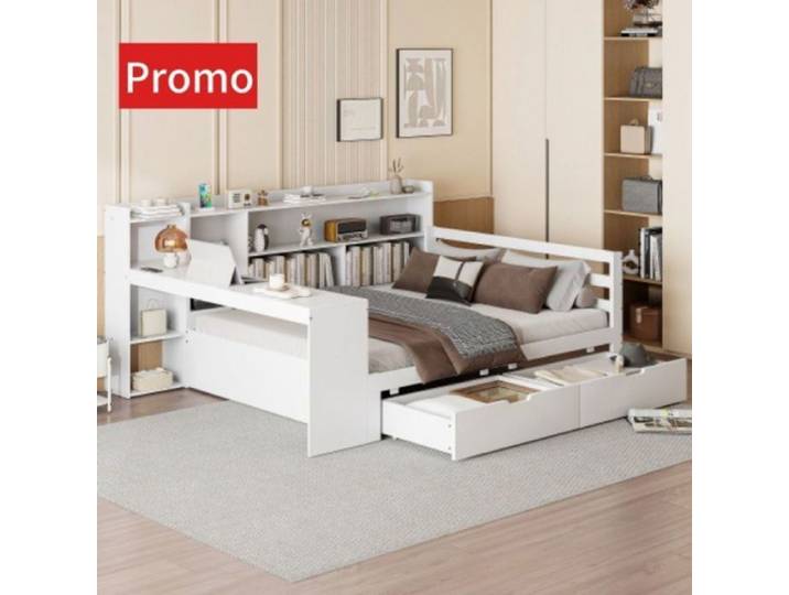 LIT COMBINE bois massif 140x200cm Canapé-lit adulte blanc bureau étagères tiroirs multicolore LIT COMBINE