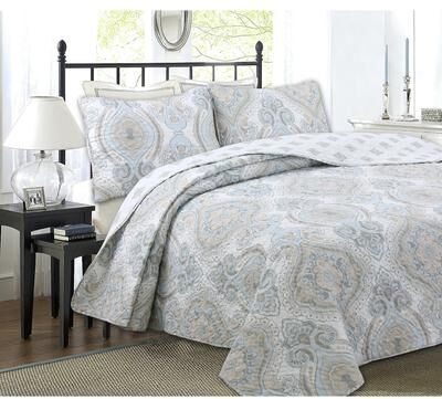 Cozy Line Home Fashions Cozy Line Modern Medallion Sky Blue Tan Gray Brocade Polyester Quilt Bedding Set