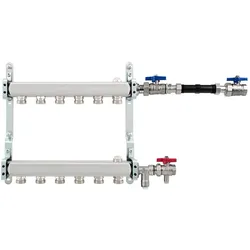 Heizkreisverteiler für Heizkörper, Komplettset, Edelstahl, waagrecht mit Wärmemengenzählereinbausatz (Ausführung: 6-fach. 3/4'' waagrecht mit WZE)