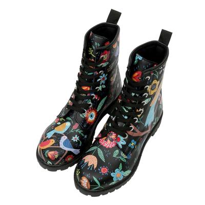 Schnürboots DOGO "Long Boots Schnürstiefel Flower & Birds Black Damen", Damen, Gr. 38, Normalschaft, schwarz, Lederimitat, Schuhe Schnürboots, Handgefertigt
