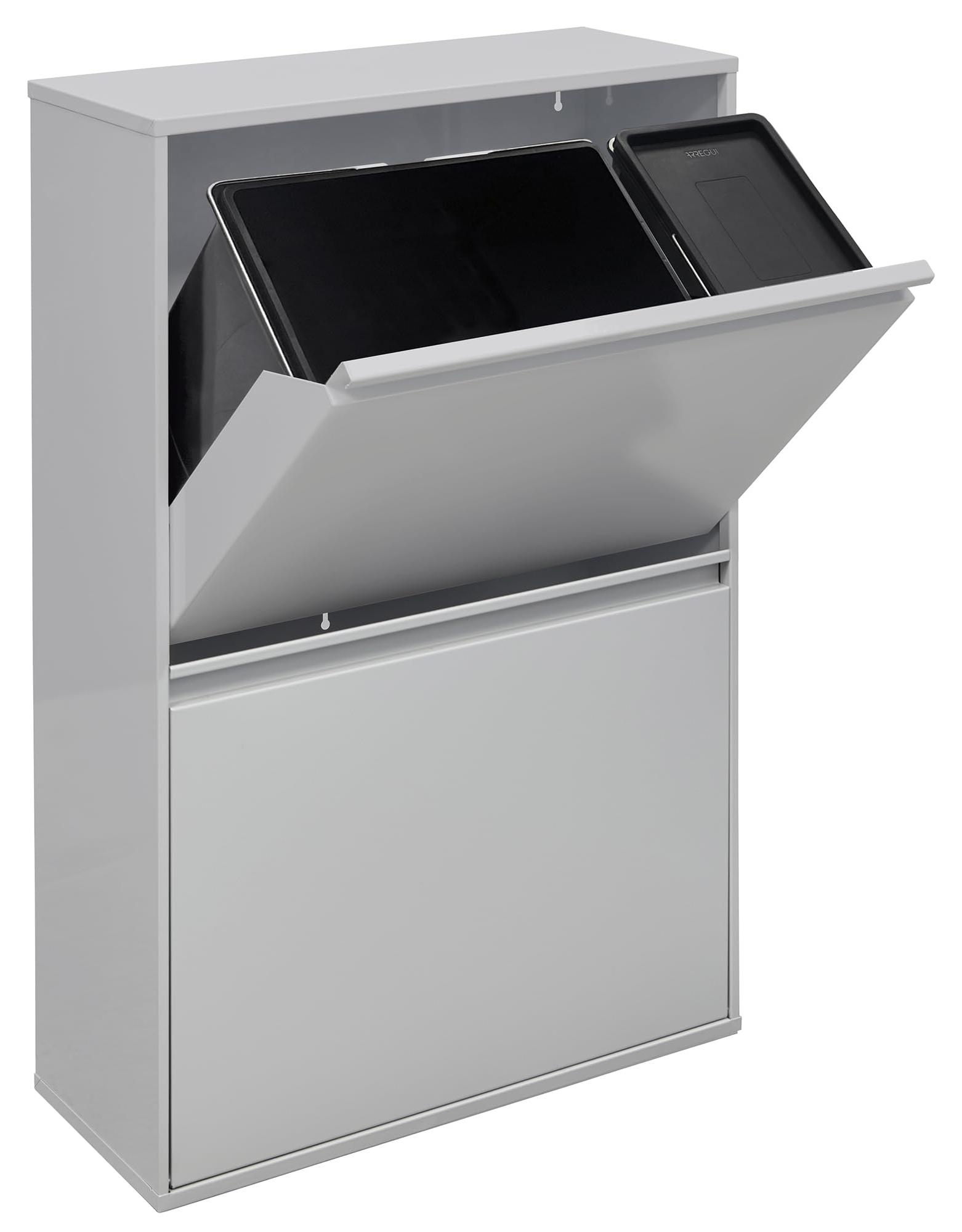Recyclingcontainer 68 L, 4 Fächer, Stahl, grau, mit Innenbehältern