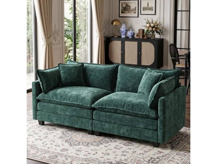 SoarFlash Modulares Sofa 2-Sitzer, 198 cm, Chenille grün, mit Kissen Frei kombinierbares modulares Sofa aus Chenille mit Armlehnenpaneelen, ideal für Wohnhäuser und Wohnungen.