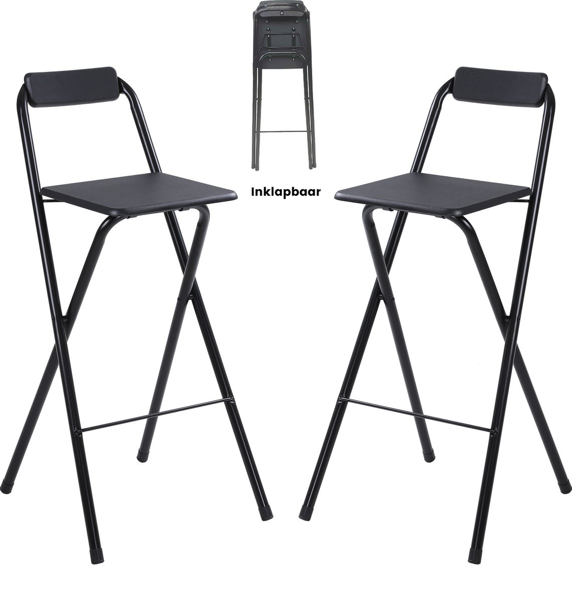 Alora Set van 2 Inklapbare Barkrukken met Rugleuning en Voetsteun - Zwart - Outdoor