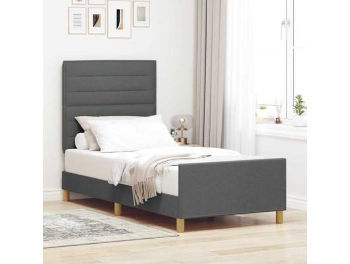 Stoffgepolstertes Plattformbett Minimalismus 100 x 200 cm Grau Bettgestell mit Kopfteil Dunkelgrau 100x200 cm Stoff Polsterbett mit Schaumfüllung Modernes Plattformbett Minimalistisch