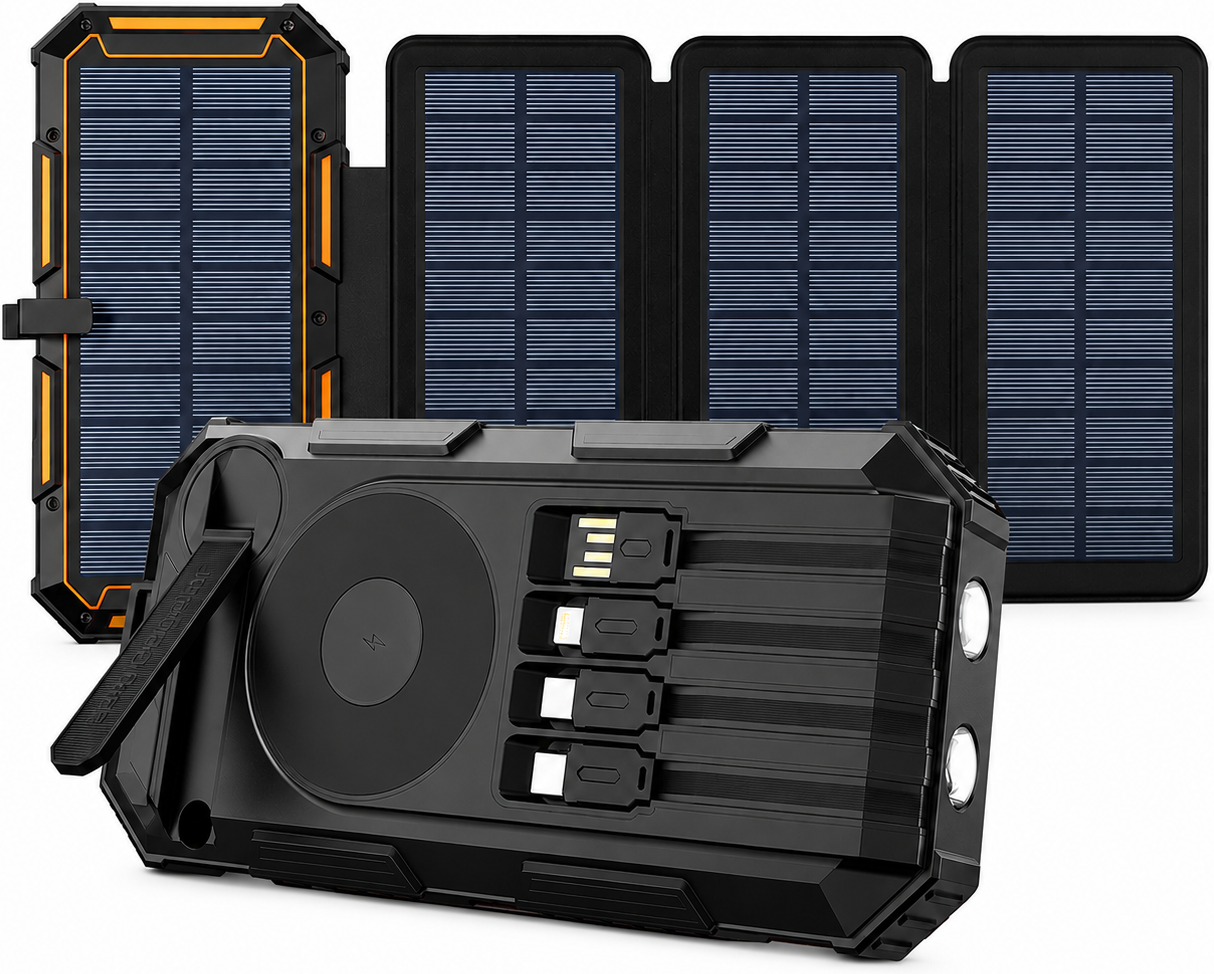 Siltcon® Solar-Powerbank 20000mAh – Kabellos – Handkurbel – 4 Paneele