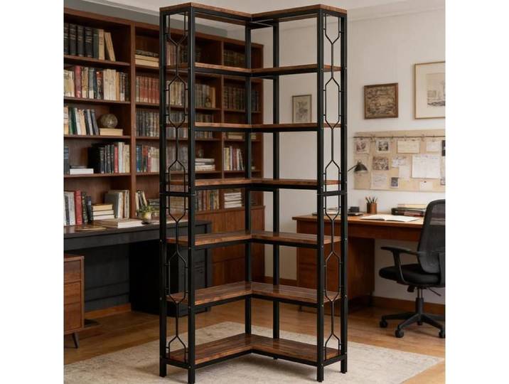 Bibliothèque d'angle 7 niveaux style industriel gain de place - LPOSPI - métal noir bois marron