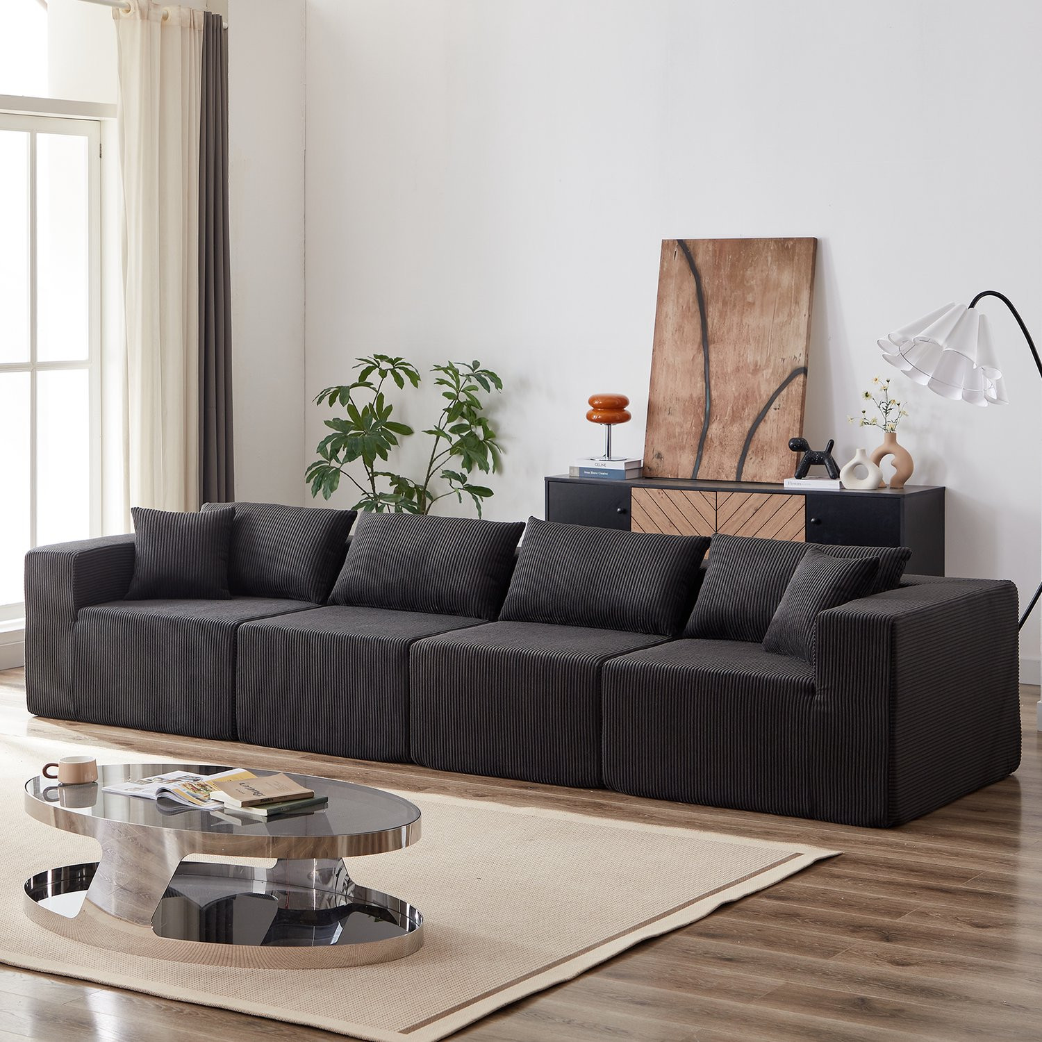 STILVORA Modulaire Hoekbank 4-Zits - Moderne L-vormige Bank in Ribstof - Zwart