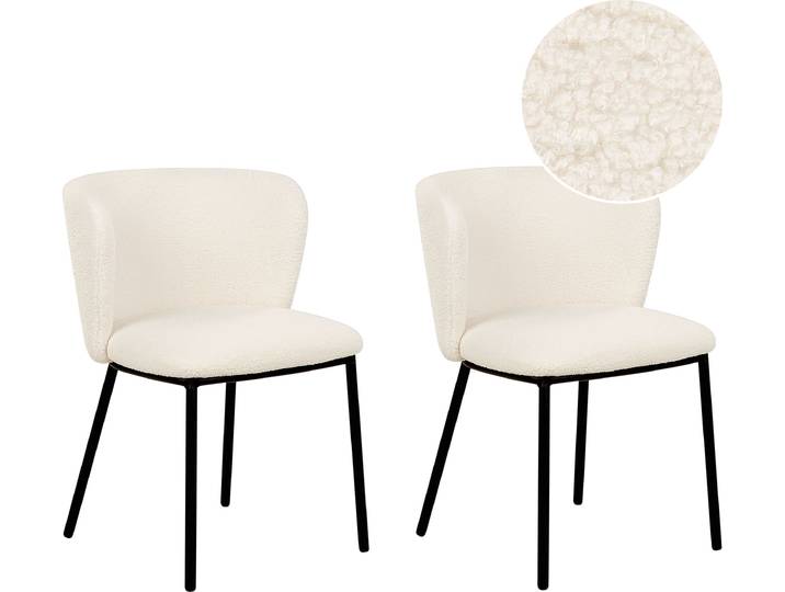 BELIANI Set aus 2 Esszimmerstühlen Bouclé Stoff Cremeweiß Schwarze Metallbeine Armlose Gebogene Rückenlehne Modernes Design