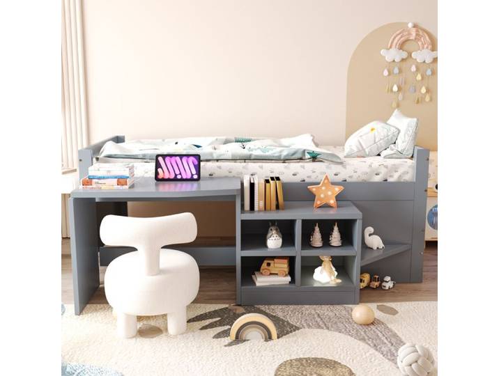 Lit Enfant 90x200cm Lit Multifonction avec Bureau Rangements Prises USB Étagères Bois Gris Lit Simple