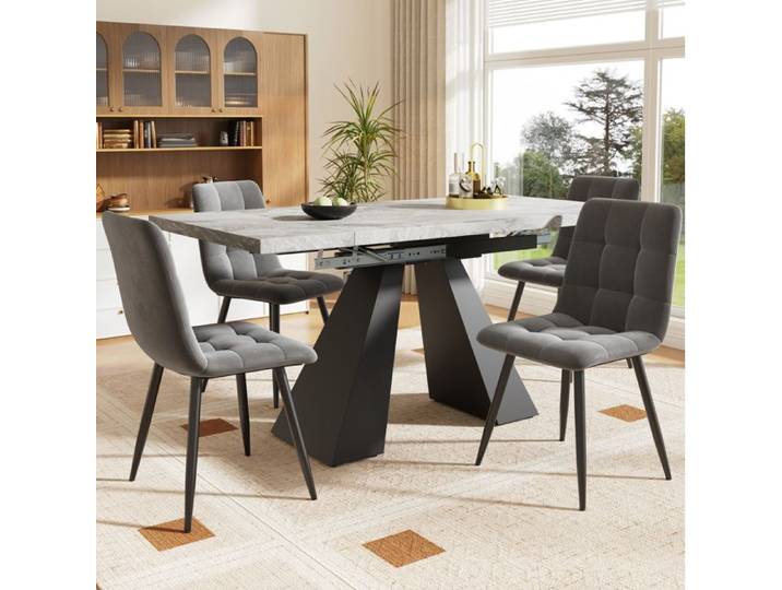 Table à manger extensible 4 places AESVAR set repas 5 pièces plateau effet marbre noir et gris