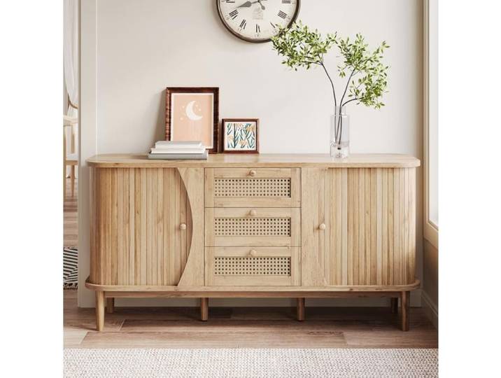 Buffet commode en rotin commode avec portes coulissantes étagères réglables et plateau arrondi