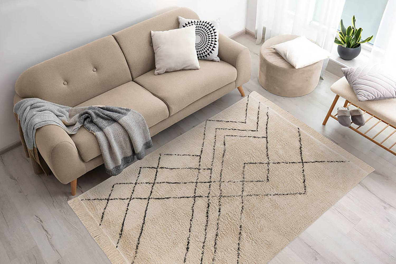 home24 Laagpolig vloerkleed Almas type B, geometrisch design, multicolor/crèmekleurig/zwart, 120 x 170 cm, 100% katoen