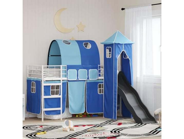 Metallgestell mit Vorhängen Rutsche und Turm Loftbett mit Torbogen 74 5 x Kinderloftbett Weiß Blau 74,5x190cm Metall Hochbett mit Rutsche Vorhang Torbogen Hausbett Abenteuer Spielbett inklusive