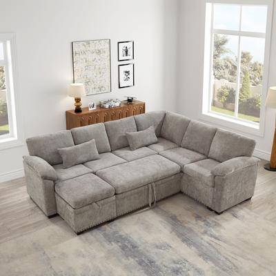 Loedds 97.2-Inch Chenille L-Shaped Sleeper Sofa with Storage Ottoman and Pillow Top Arms