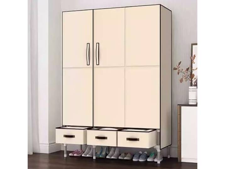 Stahlrohr-Kleiderschrank Mit Hängebereich, Klappbereich Und Drei Schubladen Zur Aufbewahrung Von Kleidung Im Schlafzimmer(Beige,B)