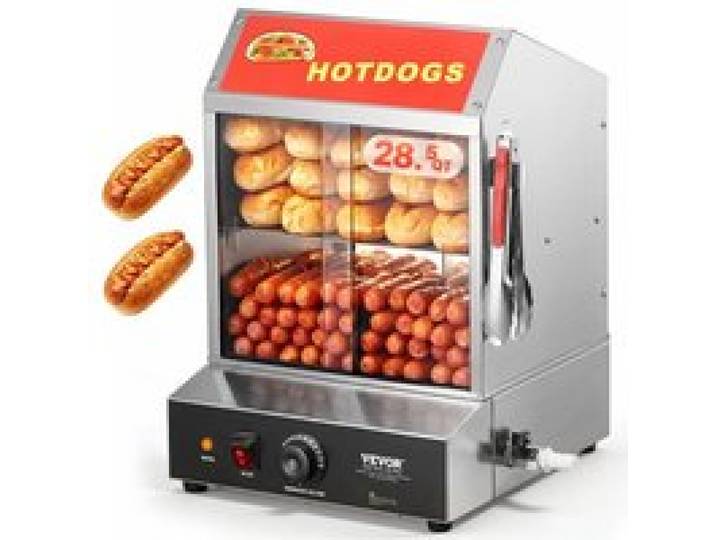 VEVOR Hot Dog Dampfgarer, 27L, 2-stufiger Hot Dog Hütten-Dampfgarer, 30℃~85℃ Temperaturregelung, elektrischer Brötchenwärmer mit Schiebetüren aus gehärtetem Glas, Trennplattenzange, Edelstahl, für Hot Dogs & Brötchen