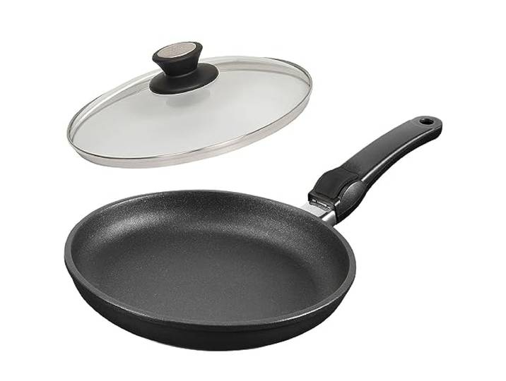 SKK große 2-tlg. Aluguss Pfanne Ø 32 cm - ohne Induktion - Antihaft Flachrandpfanne abnehmbarer Stiel & Deckel mit Edelstahlrand - Made in Germany
