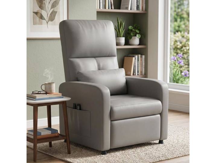 Fauteuil Massant Électrique –Chauffage 8 Modes Relaxation et Aide au Relevé – Dossier Haut Repose-Pieds Allongé-Gris