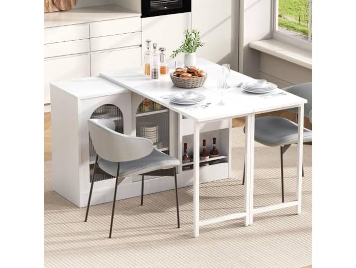 Fiednoy Kücheninsel Bartisch Ausziehbar mit Glasschranktür, Stauraum 360° Drehbarer Tisch, 121,5 x 40 x 76,7 cm， Reversibles Sideboard, Esstisch, Bar Möbel Weiß