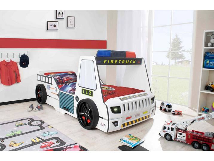 Aileenstore Autobett Rio (inkl. LED Licht und Lattenrost), Feuerwehrbett, 90x200 cm, LED Licht, Hochglanz, Lattenrost