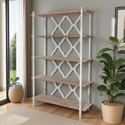 ZWYO HOSIMU "5-Tier Wooden Shelving Unit with Ornate Cut-Out Design & Distressed Finish Storage Rack 75"" for Farmhouse Home"