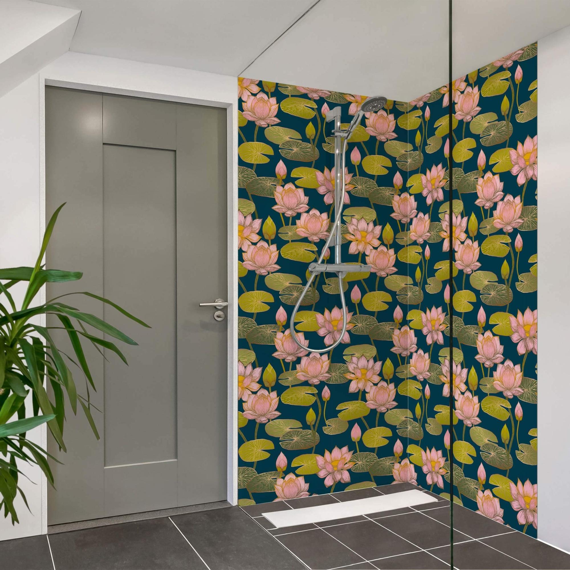 Duschrückwand Blumen selbstklebend - 0.61 mm Wandpaneel wasserfest Blumenmuster blau Illustration Badrückwand fugenlos Premium matt 100x210 cm