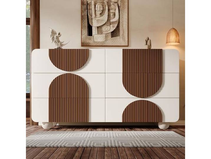Elaimoros Kommode mit 6 Schubladen & geschwungenem Design, Elegantes Sideboard in Weiß mit schokoladenfarbenen Holzleisten, Leise Schiebe-Schubladen & Kippsicherung, 121x71x41 cm (B/H/T)