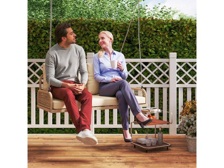 Banc Suspendu Extérieure 2 Places en Résine Tressée avec Coussins et Chaînes en Acier 115x66x44cm Beige